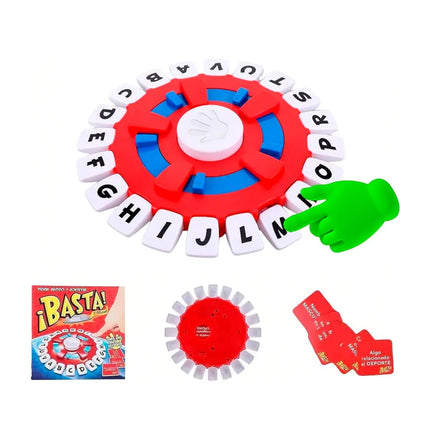 Juego de mesa ¡Basta! con ruleta de letras y cartas de categorías, clásico de rapidez mental y vocabulario para niños y adultos.