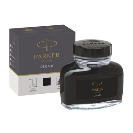 Frasco de tinta negra Parker para pluma estilográfica, ideal para escritura fluida y elegante.