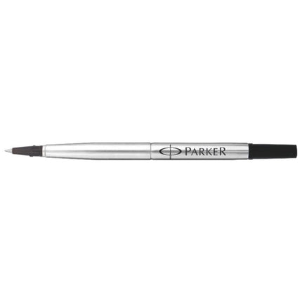 Cartucho de repuesto Parker roller ball negro con barril cromado y punta fina, listo para instalar en plumas Parker.

