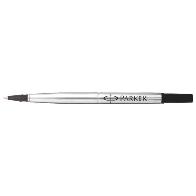 Cartucho de repuesto Parker roller ball negro con barril cromado y punta fina, listo para instalar en plumas Parker.

