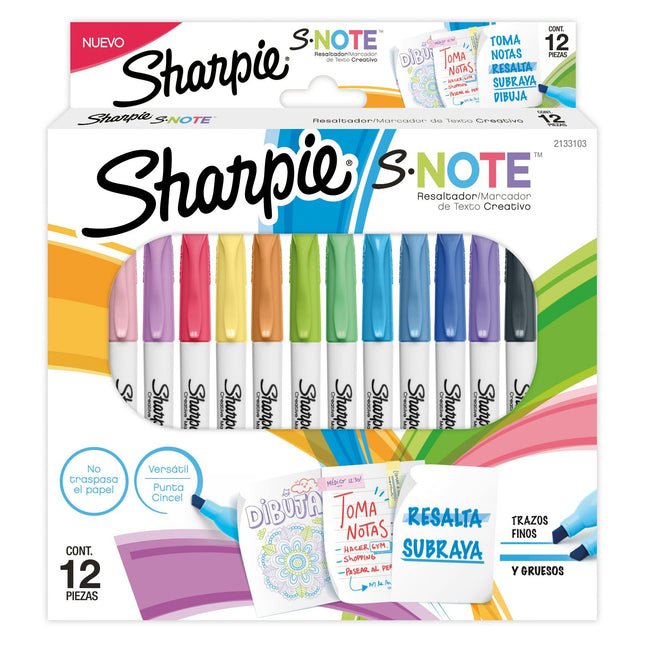 Doce marcadores Sharpie S‑Note de punta biselada en colores pastel surtidos, alineados sobre mesa blanca.


