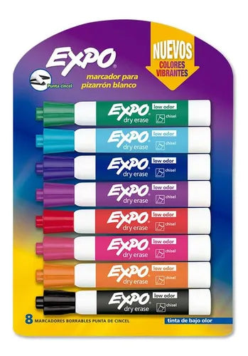 Ocho marcadores para pizarra blanca EXPO en colores surtidos: verde, azul claro, azul oscuro, morado, rojo, rosado, naranja y negro, con punta cincel y