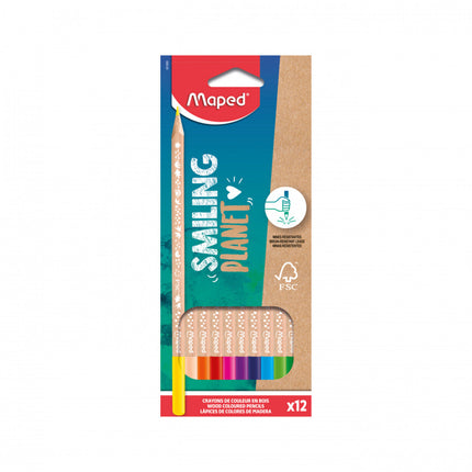 Caja de 12 lápices de colores Smiling Planet Maped, madera FSC y minas resistentes, diseño ecológico.