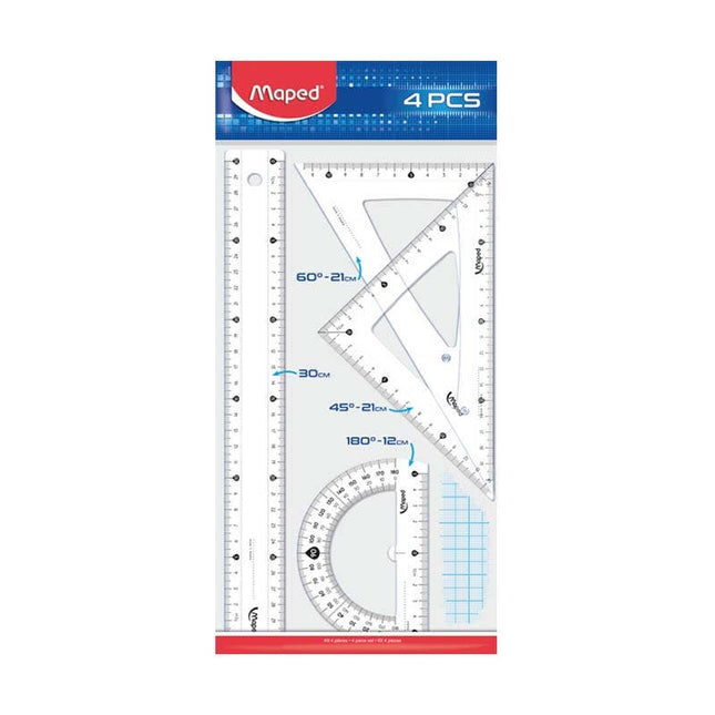 Kit geométrico Maped de 4 piezas en plástico transparente: regla de 30 cm, escuadra, cartabón y transportador.