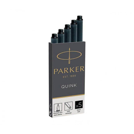 Pack de cinco cartuchos de tinta negra Parker Quink para pluma fuente, con puntas visibles y etiqueta negra.

