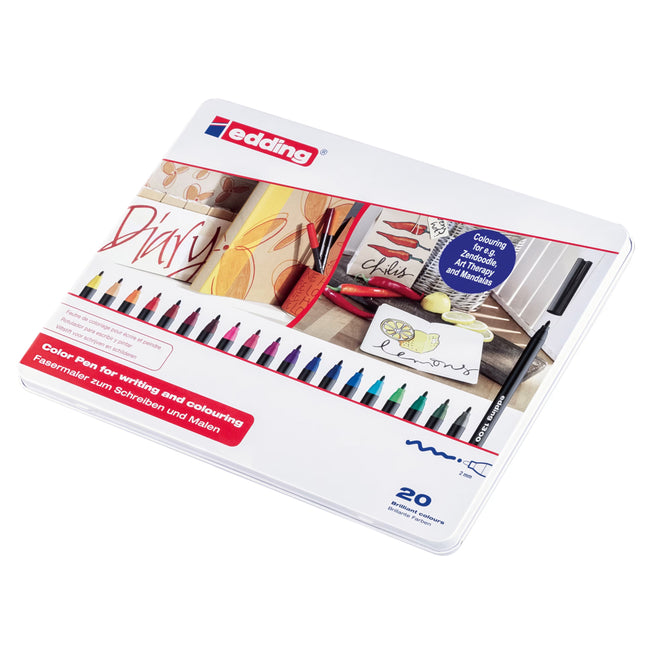 Set de 20 marcadores Edding punta fina surtidos con trazo de 0,5 mm y colores vibrantes, ideales para escritura y dibujo creativo.