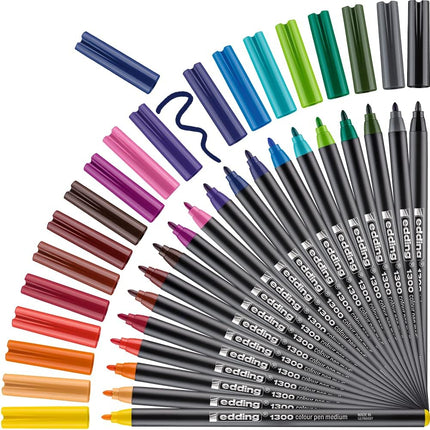Set de 20 marcadores Edding punta fina surtidos con trazo de 0,5 mm y colores vibrantes, ideales para escritura y dibujo creativo.