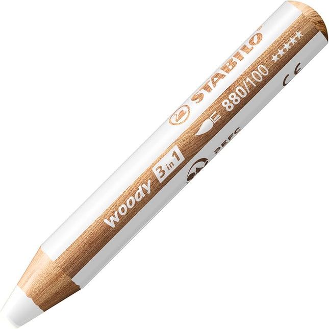Lápiz Stabilo Woody 3 en 1 color blanco (referencia 880/100), mina XXL de 10 mm, cuerpo redondo grosor infantil sobre fondo blanco.