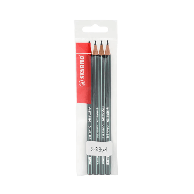Set de cuatro lápices de dibujo Stabilo Othello 282/4OSC con graduaciones 2B, 4B, 6B y 8B, cuerpo hexagonal verde rayado y punta roja, sobre fondo blanco.