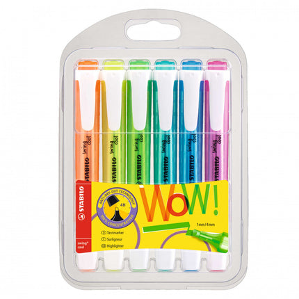 Set de resaltadores Stabilo Swing Cool 275/6-3, 6 colores fluorescentes, cuerpo plano con clip y punta biselada sobre fondo blanco.