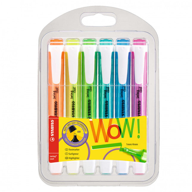 Set de resaltadores Stabilo Swing Cool 275/6-3, 6 colores fluorescentes, cuerpo plano con clip y punta biselada sobre fondo blanco.