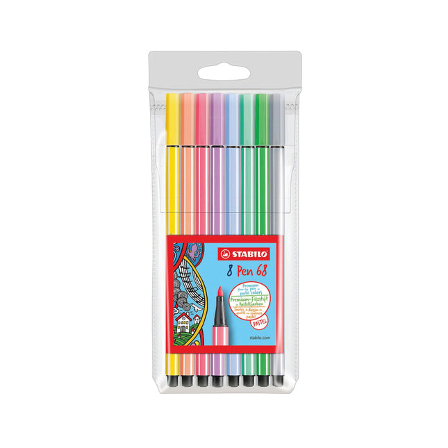 Estuche plástico tipo billetera con 8 plumígrafos Stabilo Pen 68 Pastel en colores: lila, rosado, gris claro, durazno, verde hielo, amarillo, azul hielo y menta.