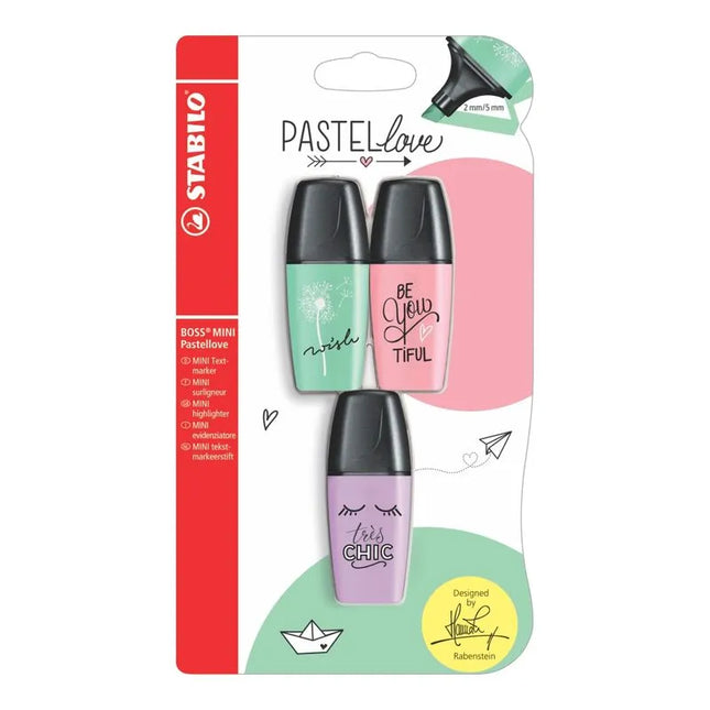 Set de 3 resaltadores Stabilo Boss Mini Pastel en tonos suaves, mini formato con punta biselada y cuerpo compacto, sobre fondo blanco.