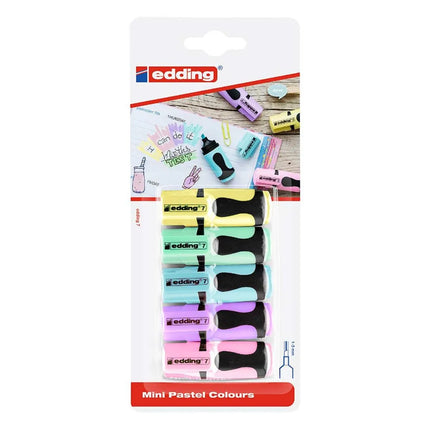Set de 5 mini resaltadores Edding en colores pastel con punta biselada y diseño compacto para estudio y organización.