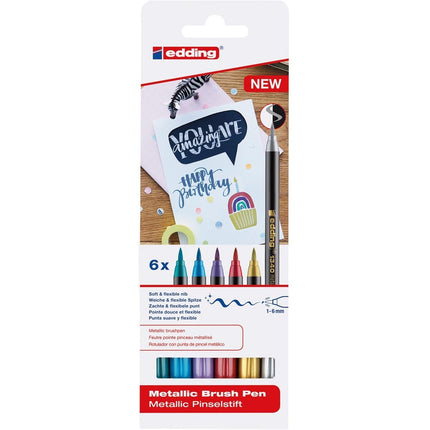 Set de 6 marcadores Edding punta pincel metalizados con colores brillantes y cubrientes, ideales para lettering y manualidades.