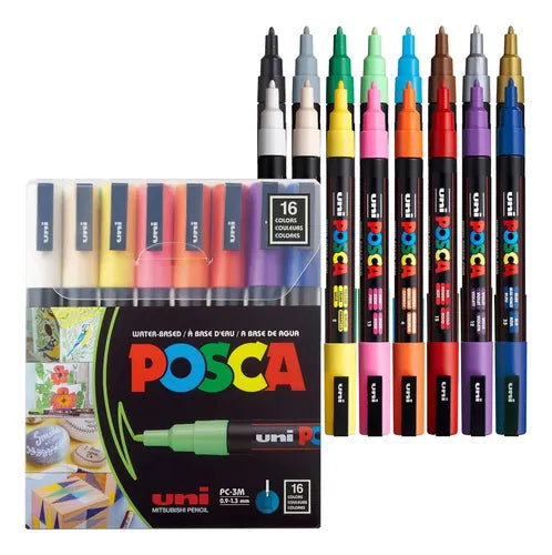 Set x16 Marcadores Posca Punta Fina - Colores Surtidos