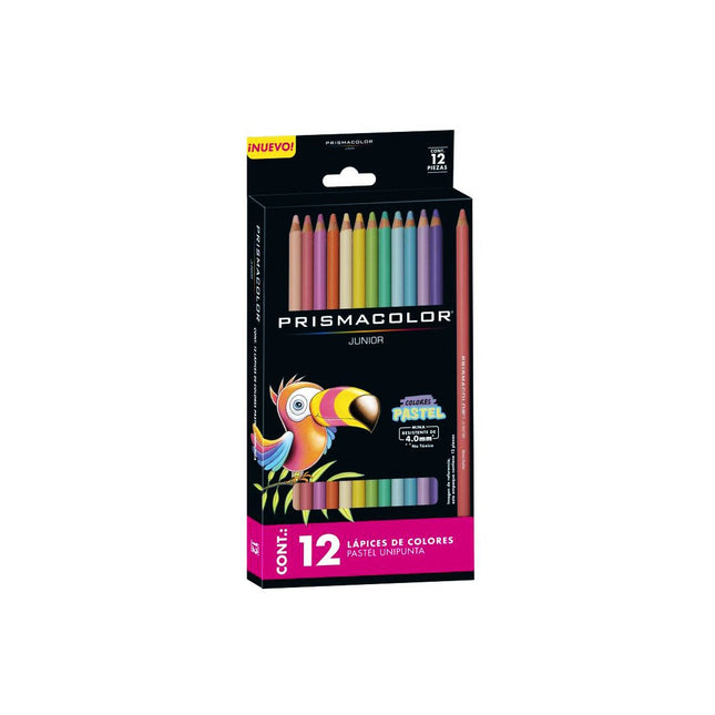 Doce lápices de colores pastel Prismacolor con barril de madera, mina gruesa y tonos suaves alineados en estuche.
