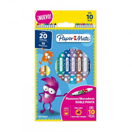 Diez plumones Paper Mate doble punta cónica en colores surtidos, dispuestos sobre una superficie clara.

