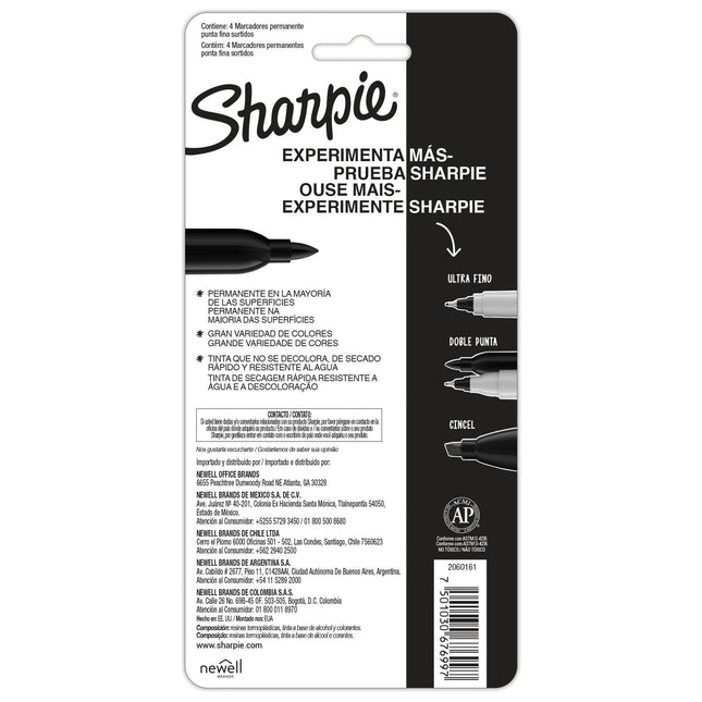 Cuatro marcadores Sharpie negros de punta fina con barril gris y tapas negras, alineados sobre fondo blanco.

