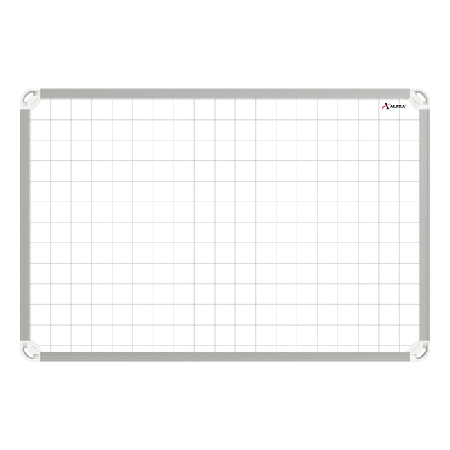 Tablero acrílico Alfra 40×60 cm con cuadrícula impresa y superficie metálica para marcadores e imanes, marco resistente y diseño compacto.