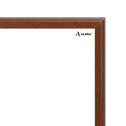 Detalle tablero acrílico blanco Cóndor 80×120 cm con marco de madera caoba, superficie borrable y sistema de montaje discreto.