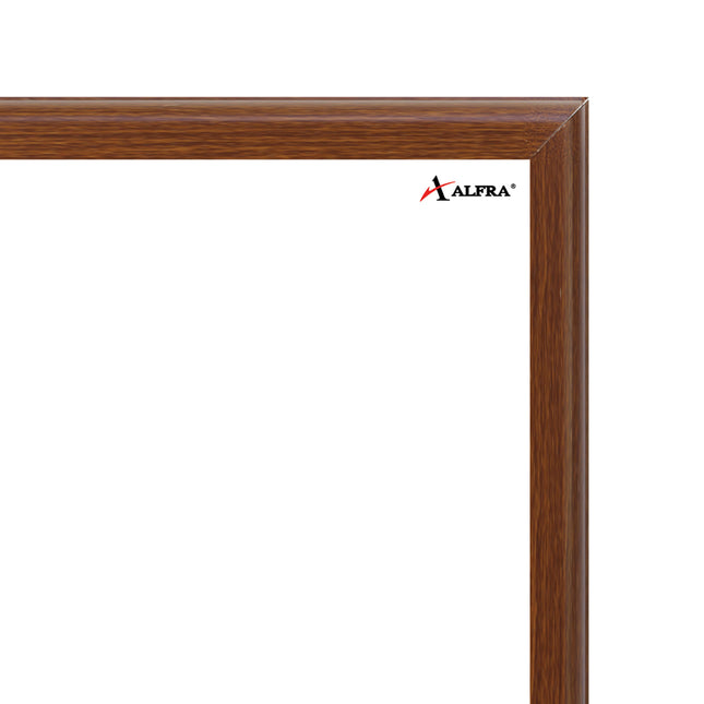Detalle tablero acrílico blanco Cóndor 80×120 cm con marco de madera caoba, superficie borrable y sistema de montaje discreto.