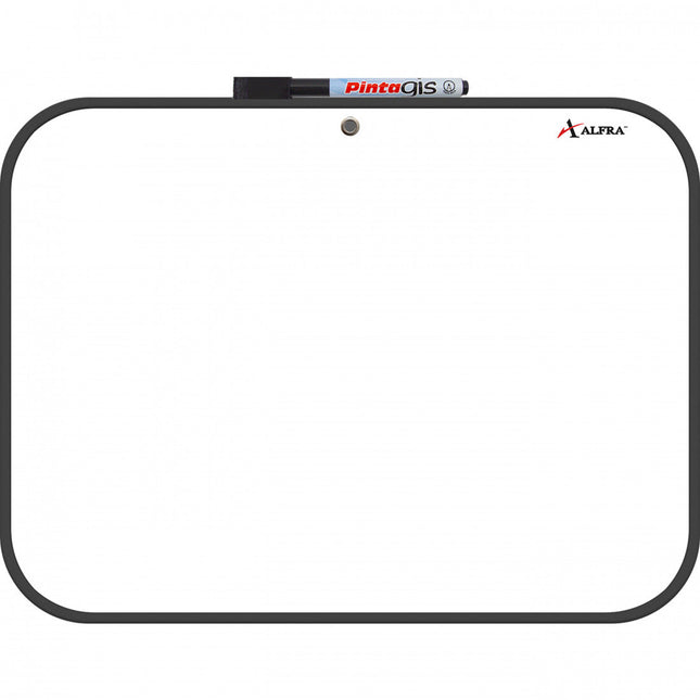 Tablero blanco acrílico 20×30 cm con marco de vinilo y esquinas redondeadas, incluye marcador, sobre fondo blanco.
