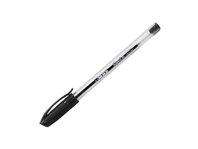 Bolígrafo triangular negro Mae punta fina 0.7 mm con cuerpo transparente opaco, ergonomía triangular y tinta líquida, sobre fondo blanco.