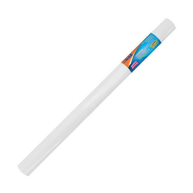 Rollo adhesivo blanco mate Mae 45 cm × 3 m parcialmente desenrollado, con papel protector cuadriculado visible, sobre fondo blanco.