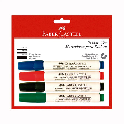 Set de 4 marcadores secos Faber-Castell ref. 604393 con colores surtidos y tinta de borrado limpio.