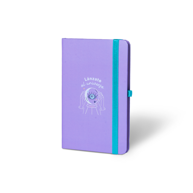 Portada Sketchbook Alpen 12×20 cm morado con tapa dura ilustrada “Lánzate al universo”, banda elástica turquesa y 84 hojas blancas.
