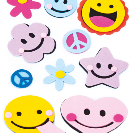 Figuras adhesivas de foamy Evacolor con caritas sonrientes, estrellas, flores y corazones en colores surtidos.