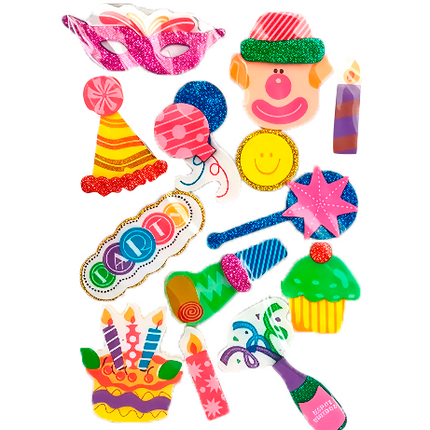 Figuras adhesivas de foamy Evacolor con diseños de cumpleaños como pasteles, globos, gorros y velas para decoración de manualidades.