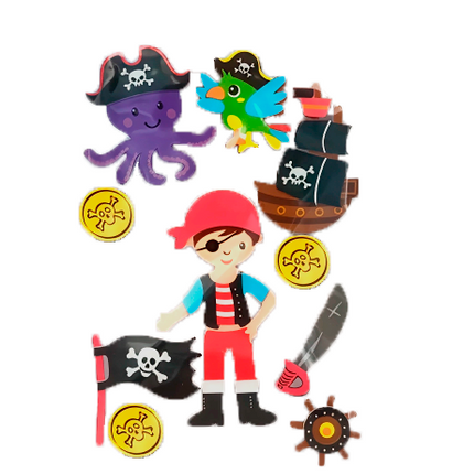 Figuras adhesivas de foamy Evacolor con temática pirata: niño pirata, barco, loro, monedas y accesorios en colores surtidos.