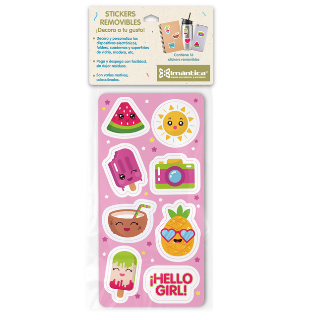 Stickers removibles Imántica con helados, frutas sonrientes, cámara y frase “Hello Girl”.