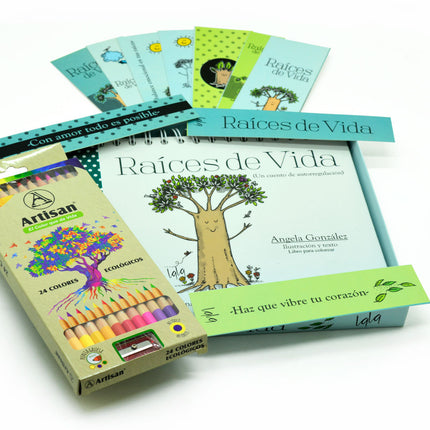 Kit “Raíces de Vida” de Lala González: libro argollado con ilustraciones metafóricas y set de 24 colores ecológicos Artisan. Diseño pensado para regalar o meditar.