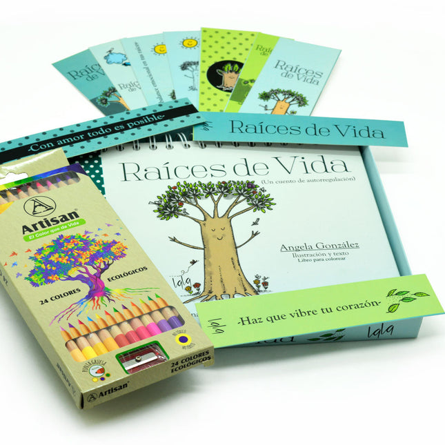 Kit “Raíces de Vida” de Lala González: libro argollado con ilustraciones metafóricas y set de 24 colores ecológicos Artisan. Diseño pensado para regalar o meditar.