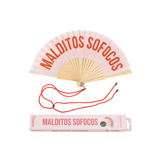 abanico plegable con mensaje Malditos sofocos en tono rosa y cordón rojo