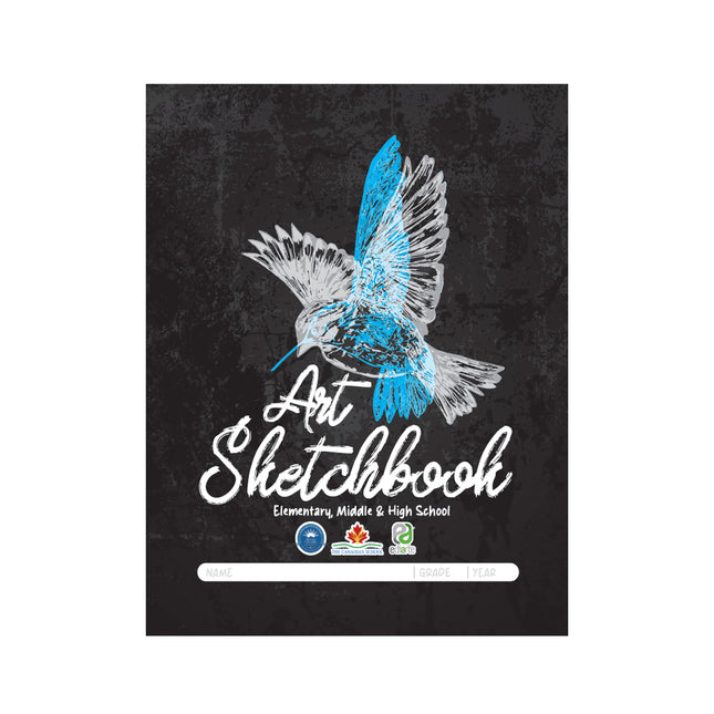 Bitácora de arte tipo sketchbook con portada oscura e ilustración de colibrí azul, texto ‘Art Sketchbook – Elementary, Middle & High School