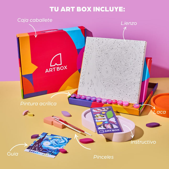 Kit de pintura por números Art Box con lienzo montado en bastidor, pinturas acrílicas, pinceles y caja‑caballete lista para pintar.